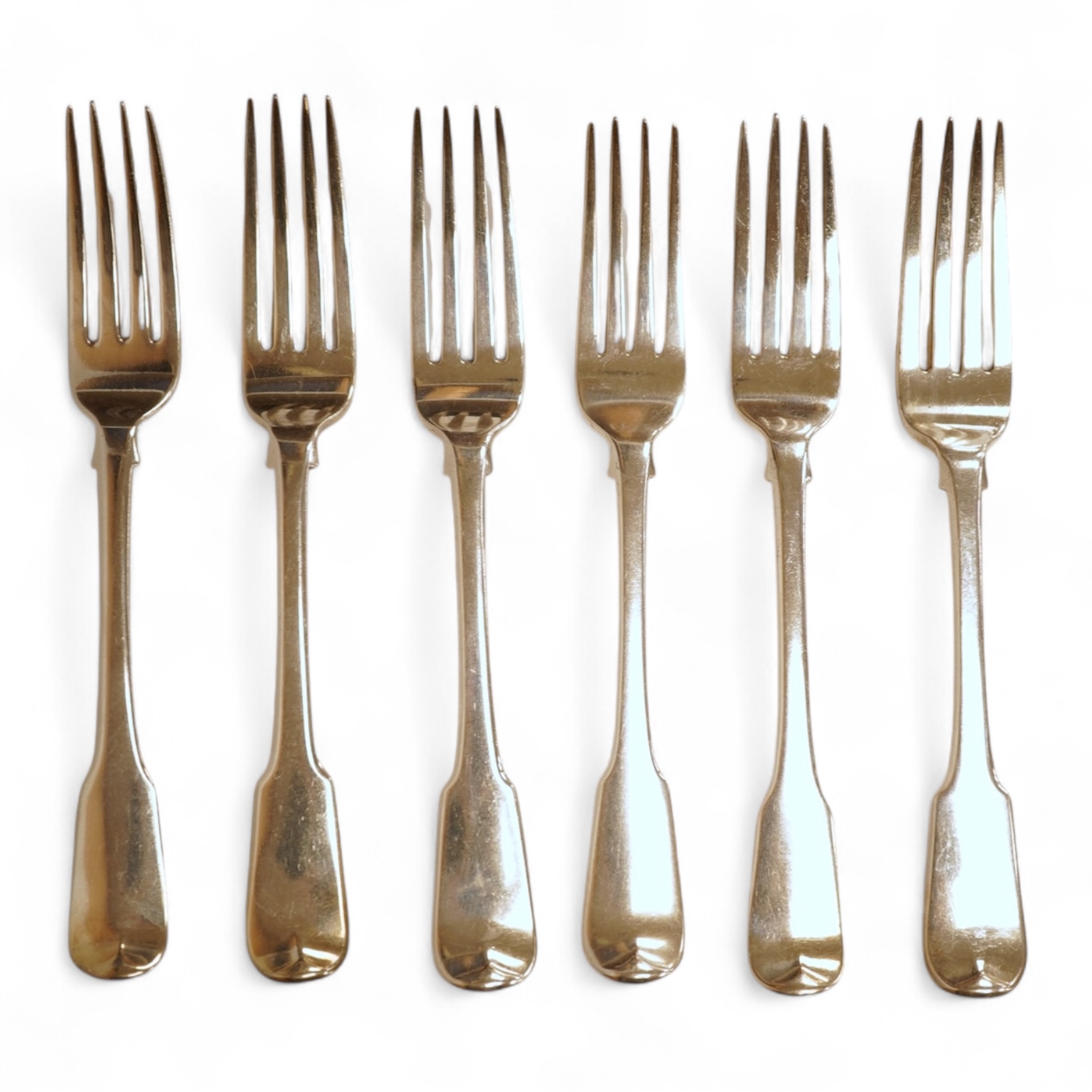 A matched set of six George III fiddle pattern silver table forks, all London, 1810, various makers, including three by Godbehere, Wigan and Bolt, 13.7oz.